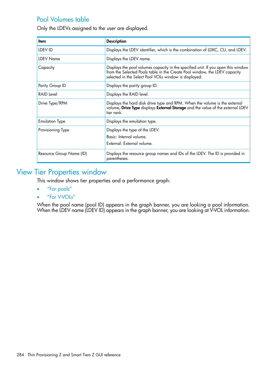 View tier properties window, Pool volumes table | HP XP P9500 Storage User Manual | Page 284 / 335