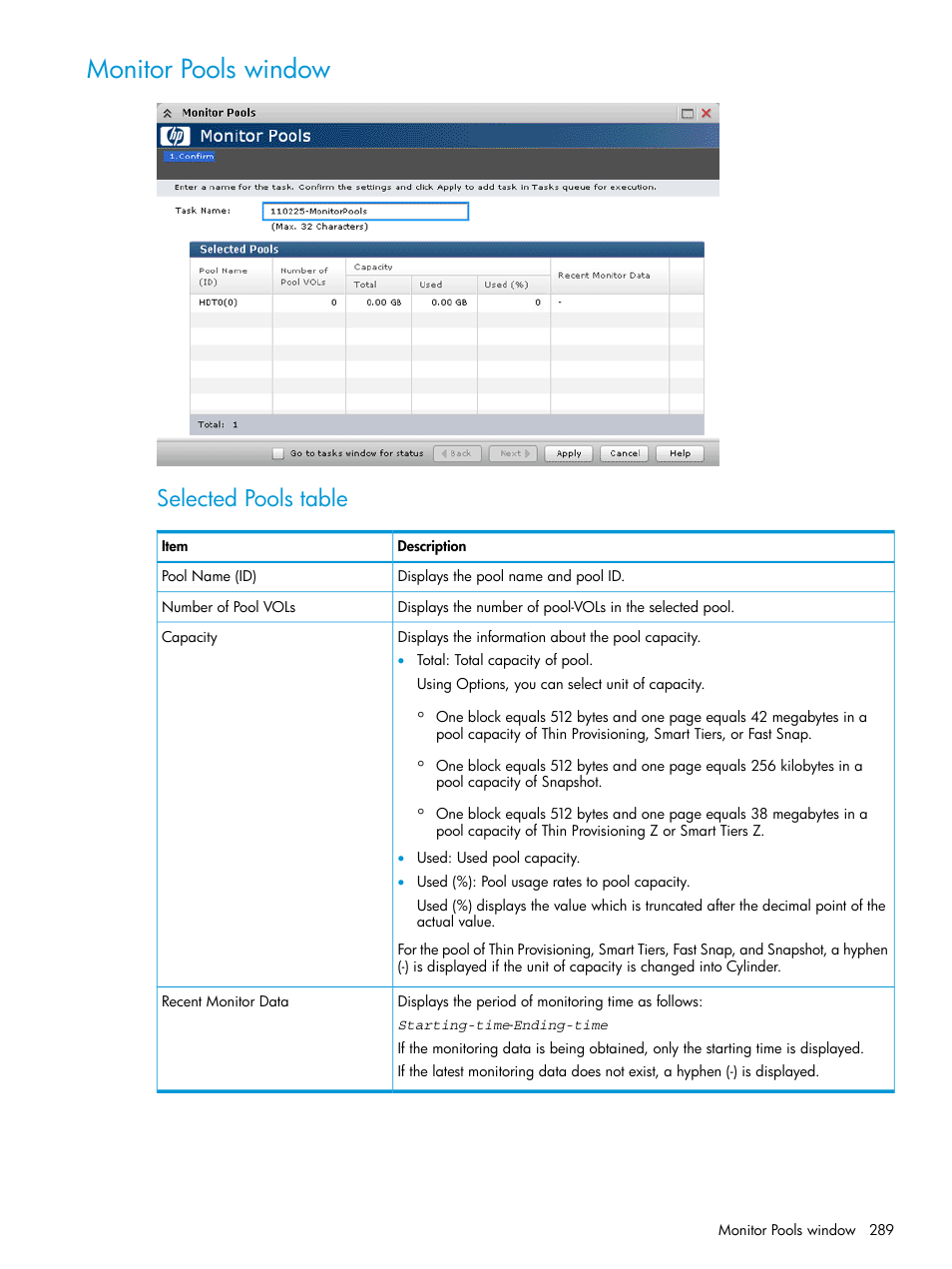 Monitor pools window, Selected pools table | HP XP P9500 Storage User Manual | Page 289 / 335