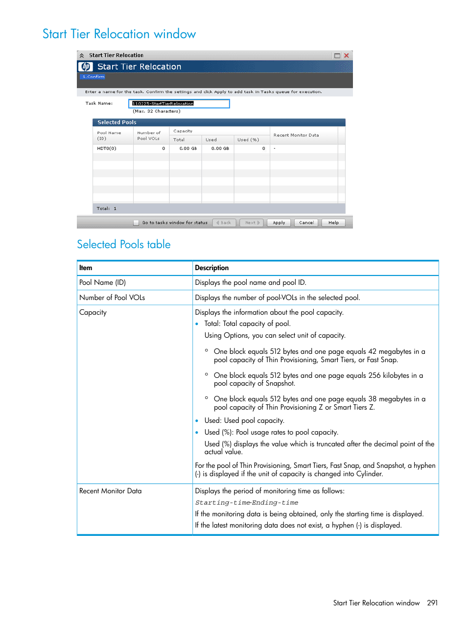 Start tier relocation window, Selected pools table | HP XP P9500 Storage User Manual | Page 291 / 335