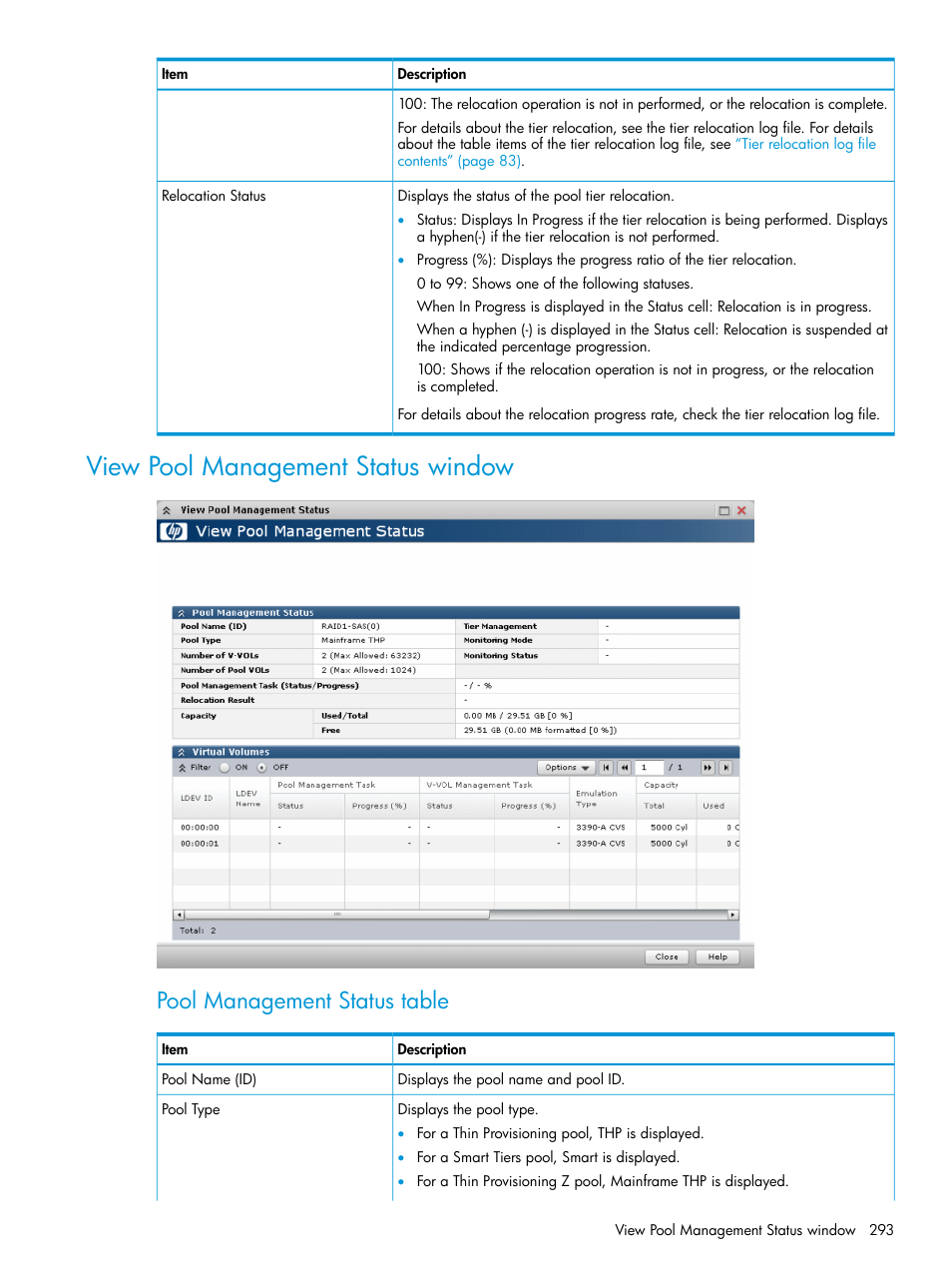 View pool management status window, View pool management status, View | Pool management status table | HP XP P9500 Storage User Manual | Page 293 / 335