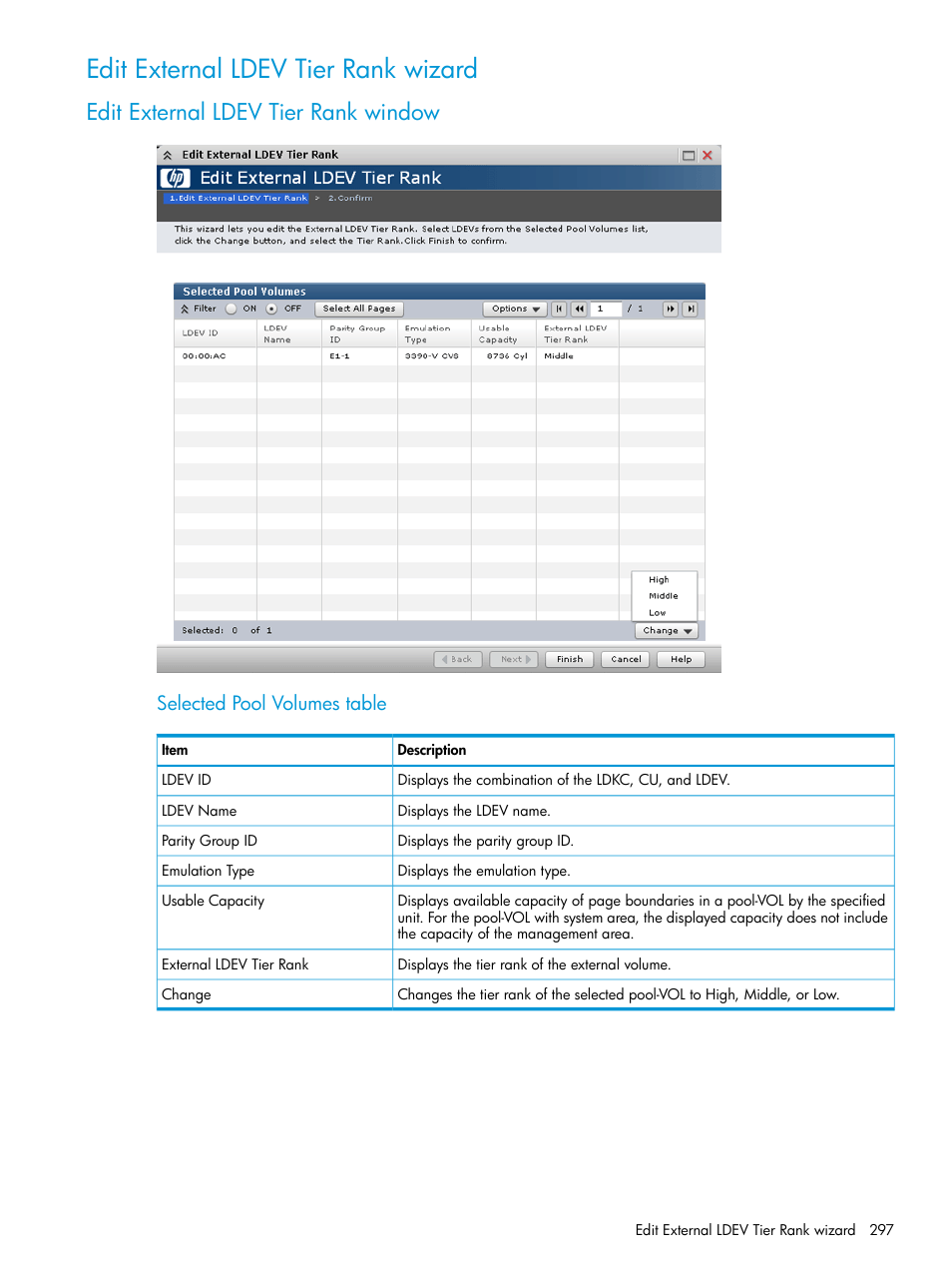 Edit external ldev tier rank wizard, Edit external ldev tier rank window, Selected pool volumes table | HP XP P9500 Storage User Manual | Page 297 / 335