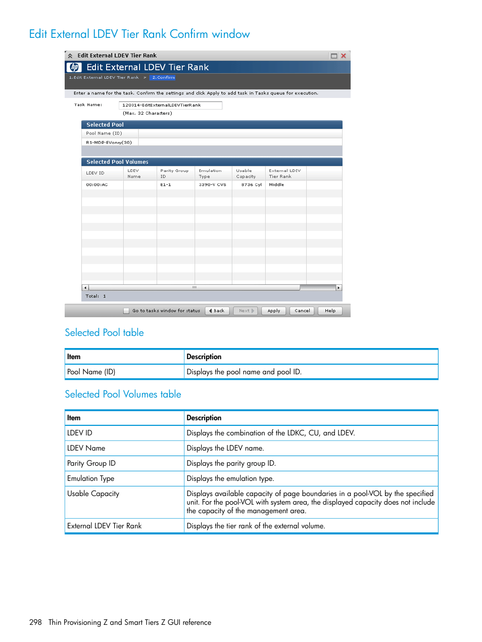 Edit external ldev tier rank confirm window, Selected pool table, Selected pool volumes table | HP XP P9500 Storage User Manual | Page 298 / 335