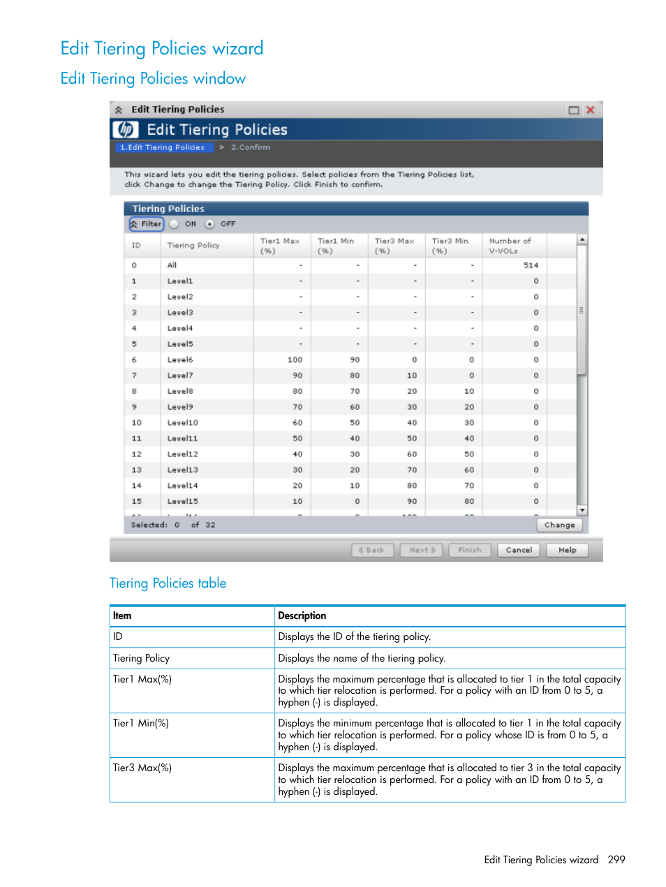 Edit tiering policies wizard, Edit tiering policies window, Tiering policies table | HP XP P9500 Storage User Manual | Page 299 / 335