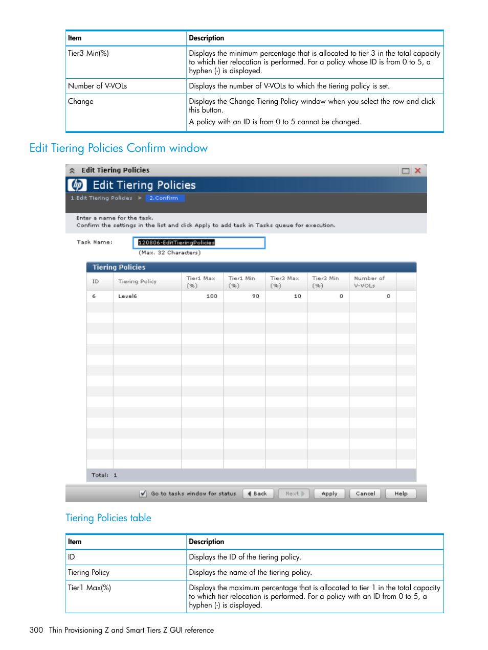 Edit tiering policies confirm window, Tiering policies table | HP XP P9500 Storage User Manual | Page 300 / 335