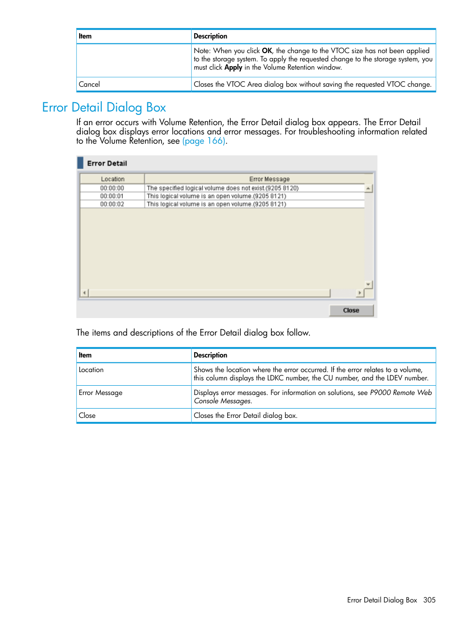 Error detail dialog box | HP XP P9500 Storage User Manual | Page 305 / 335