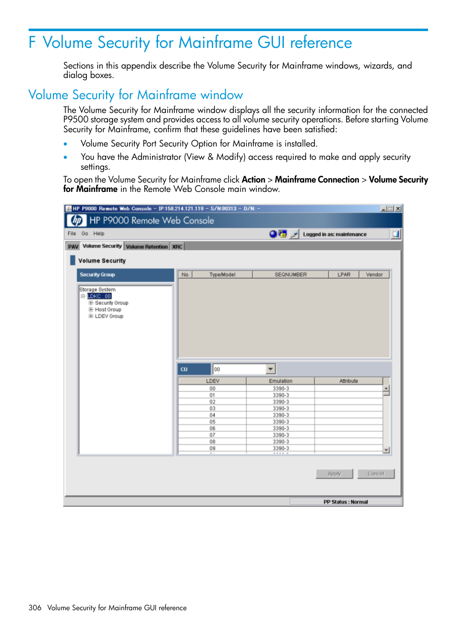 F volume security for mainframe gui reference, Volume security for mainframe window | HP XP P9500 Storage User Manual | Page 306 / 335