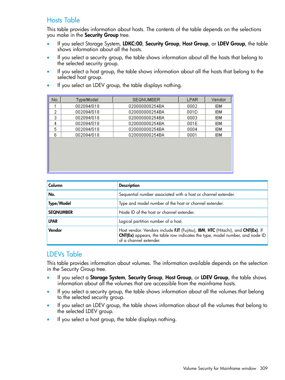 Hosts table, Ldevs table | HP XP P9500 Storage User Manual | Page 309 / 335