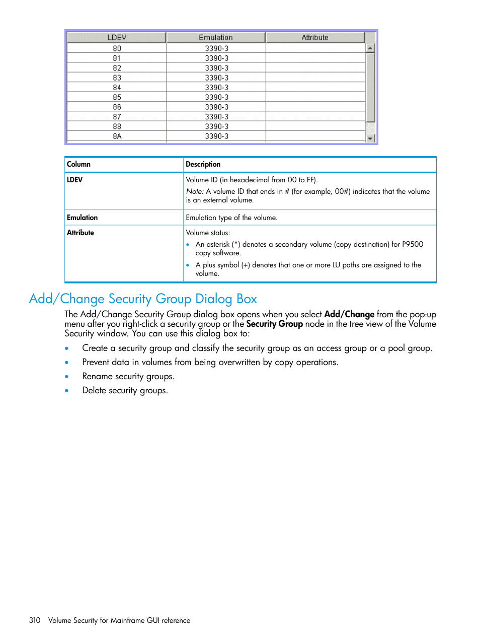 Add/change security group dialog box | HP XP P9500 Storage User Manual | Page 310 / 335