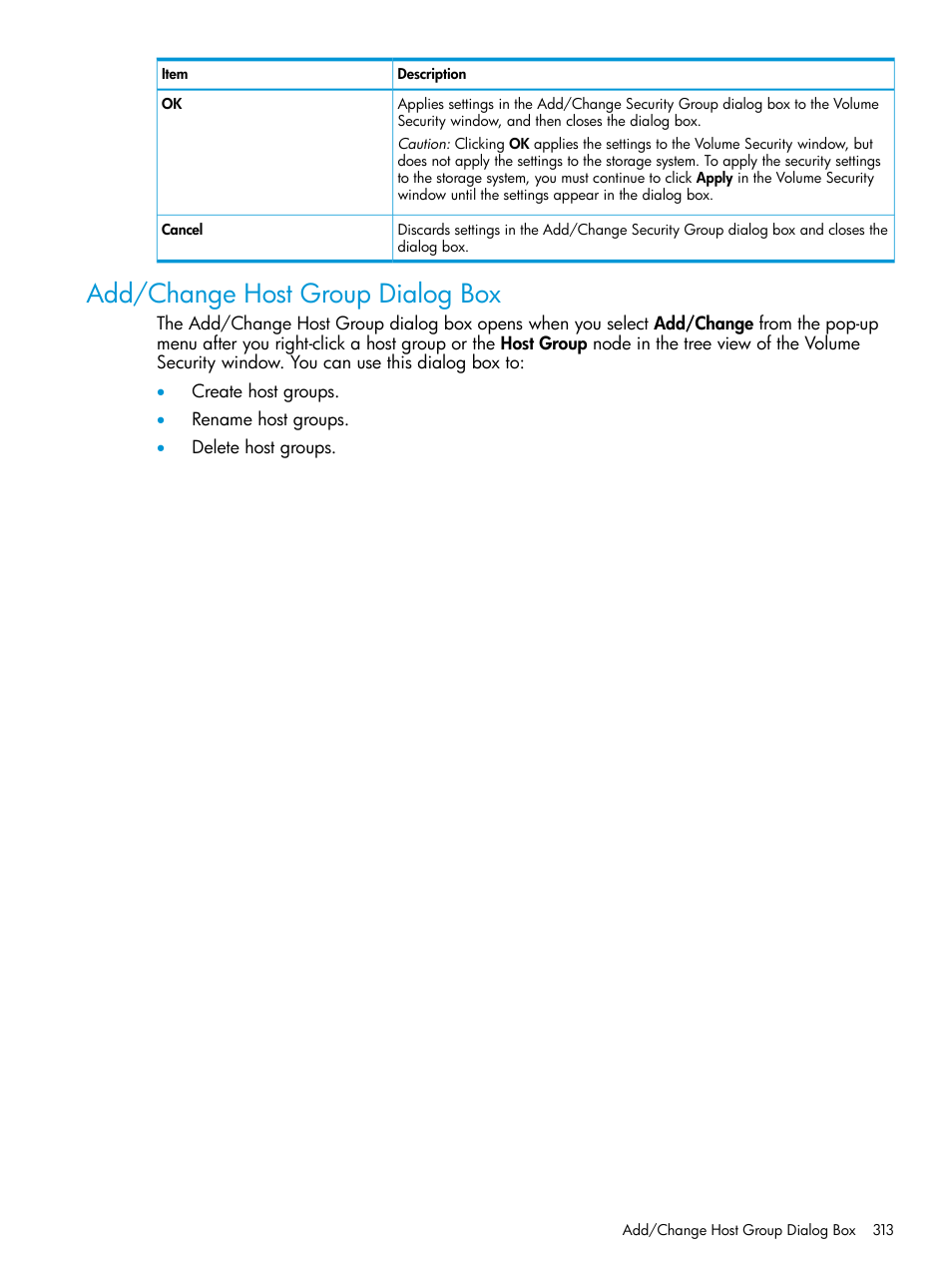 Add/change host group dialog box | HP XP P9500 Storage User Manual | Page 313 / 335