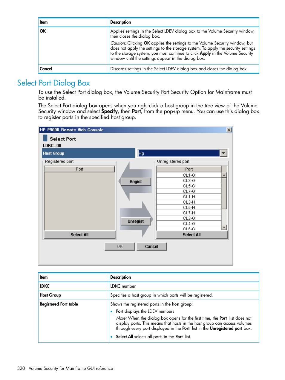 Select port dialog box | HP XP P9500 Storage User Manual | Page 320 / 335