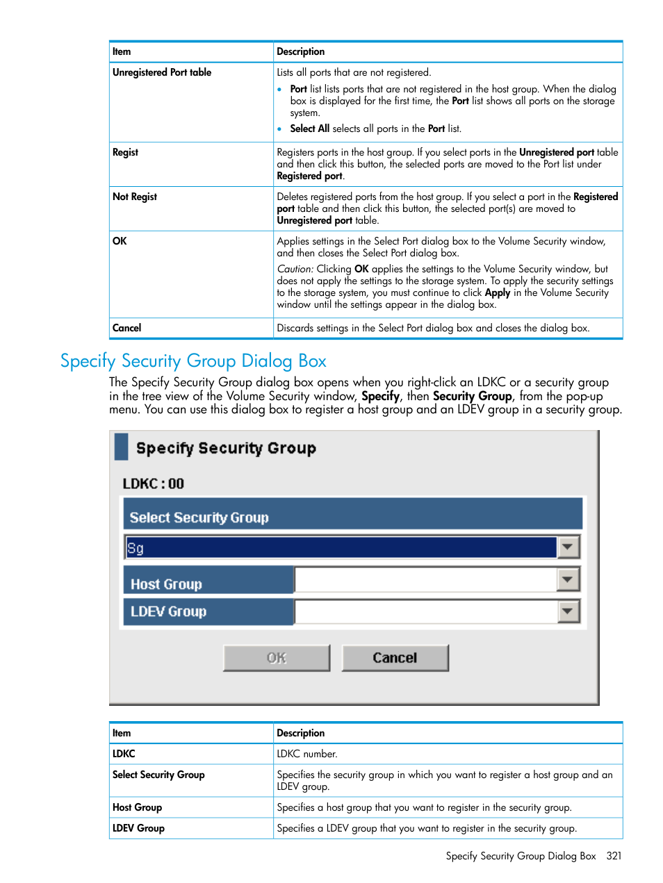 Specify security group dialog box | HP XP P9500 Storage User Manual | Page 321 / 335