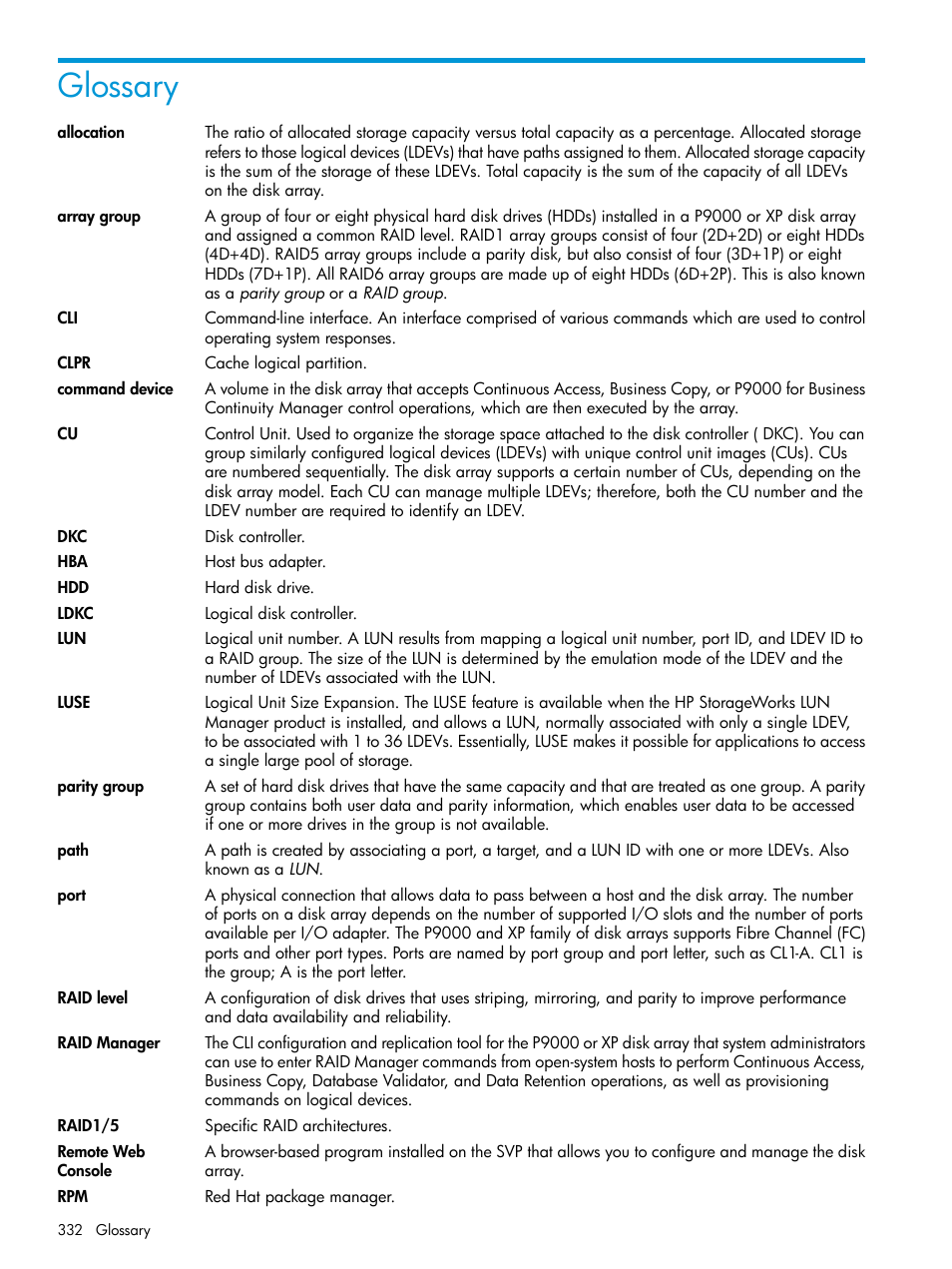 Glossary | HP XP P9500 Storage User Manual | Page 332 / 335