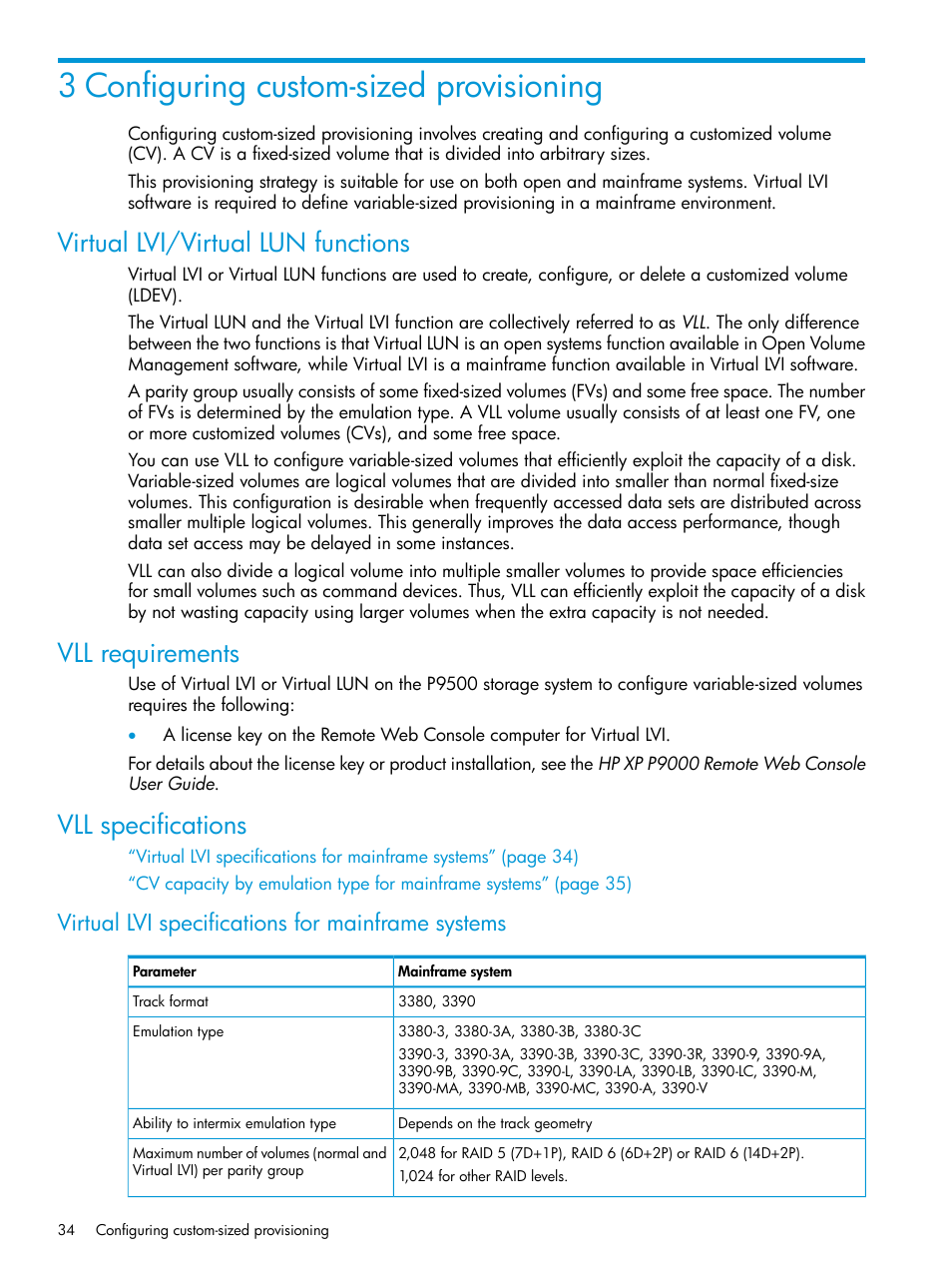 3 configuring custom-sized provisioning, Virtual lvi/virtual lun functions, Vll requirements | Vll specifications, Virtual lvi specifications for mainframe systems | HP XP P9500 Storage User Manual | Page 34 / 335