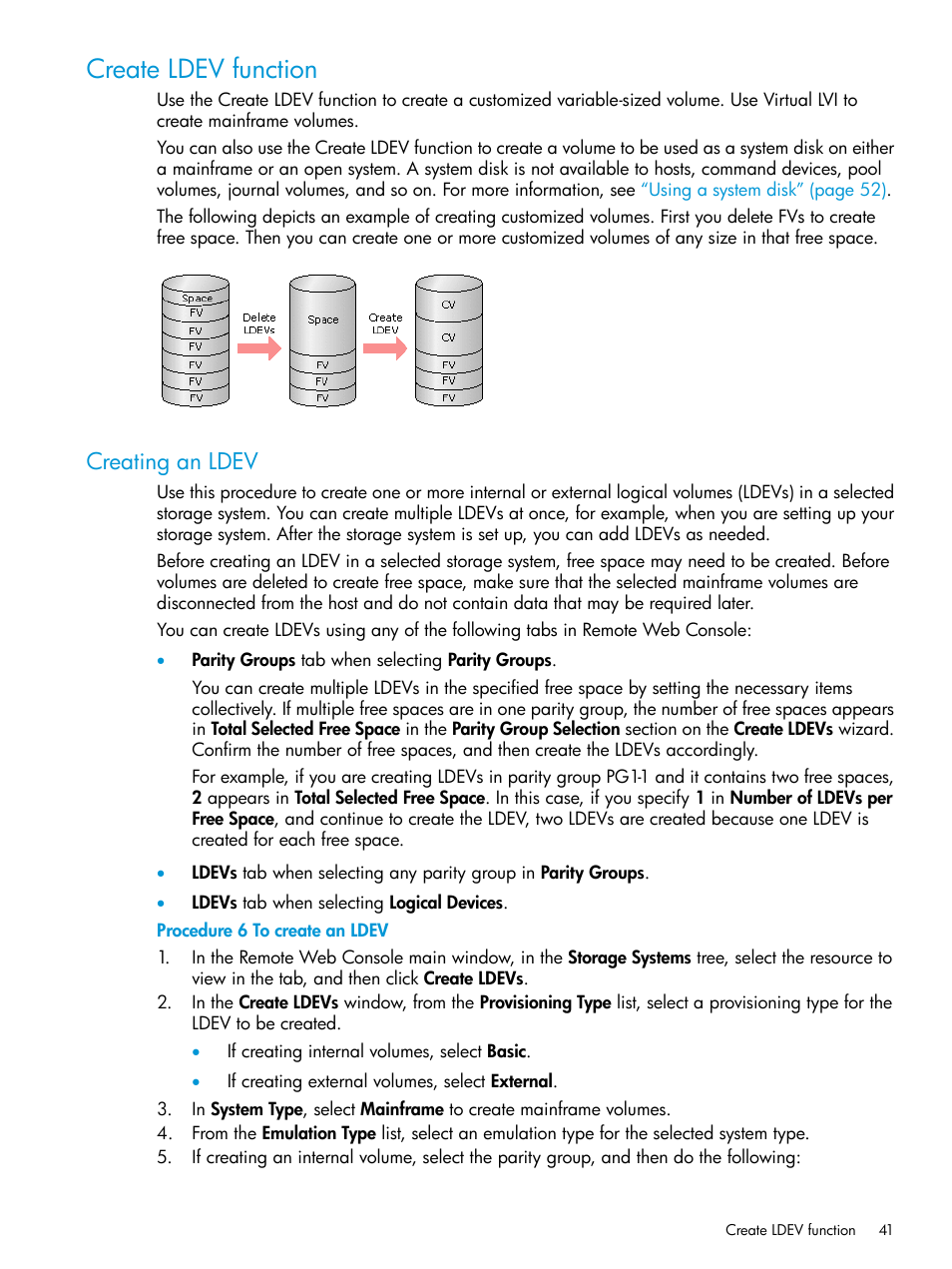 Create ldev function, Creating an ldev | HP XP P9500 Storage User Manual | Page 41 / 335