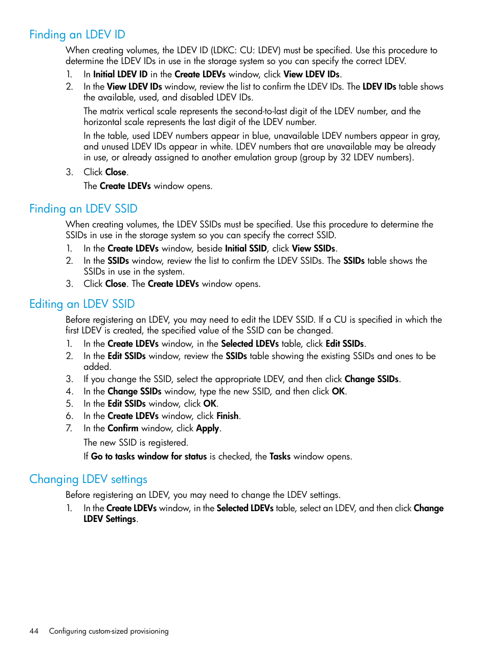 Finding an ldev id, Finding an ldev ssid, Editing an ldev ssid | Changing ldev settings | HP XP P9500 Storage User Manual | Page 44 / 335