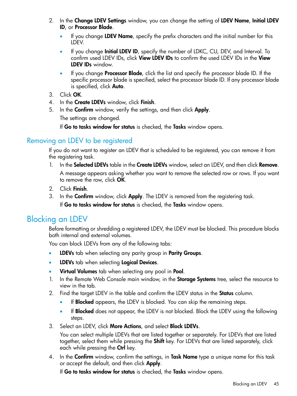 Removing an ldev to be registered, Blocking an ldev | HP XP P9500 Storage User Manual | Page 45 / 335