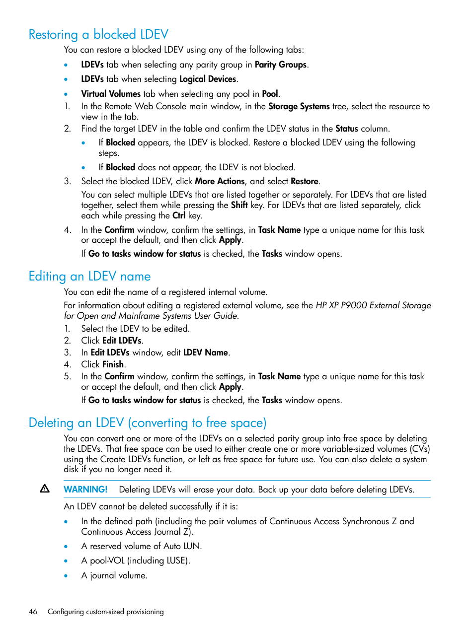 Restoring a blocked ldev, Editing an ldev name, Deleting an ldev (converting to free space) | HP XP P9500 Storage User Manual | Page 46 / 335