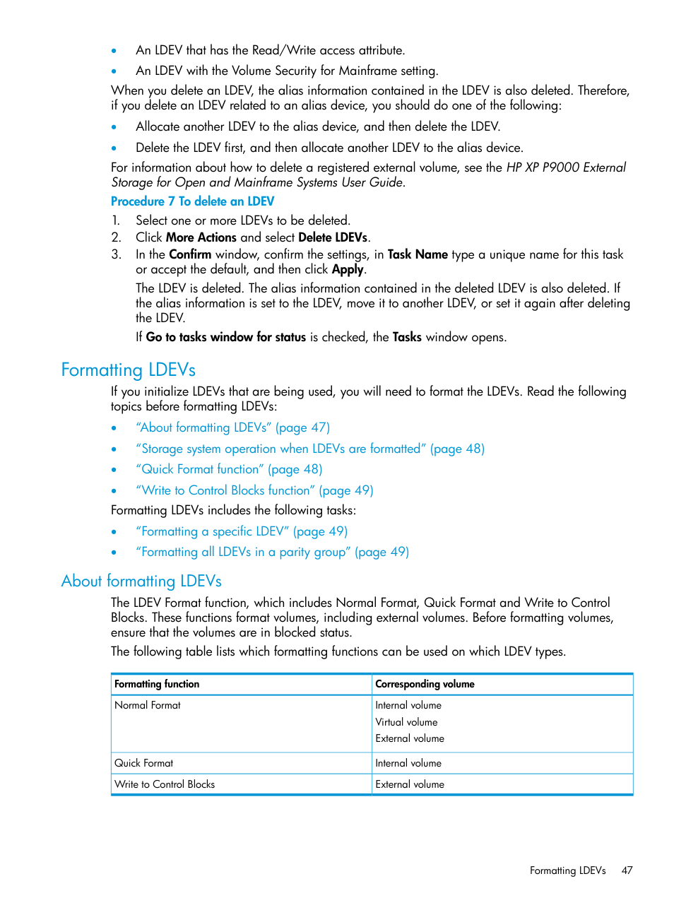 Formatting ldevs, About formatting ldevs | HP XP P9500 Storage User Manual | Page 47 / 335