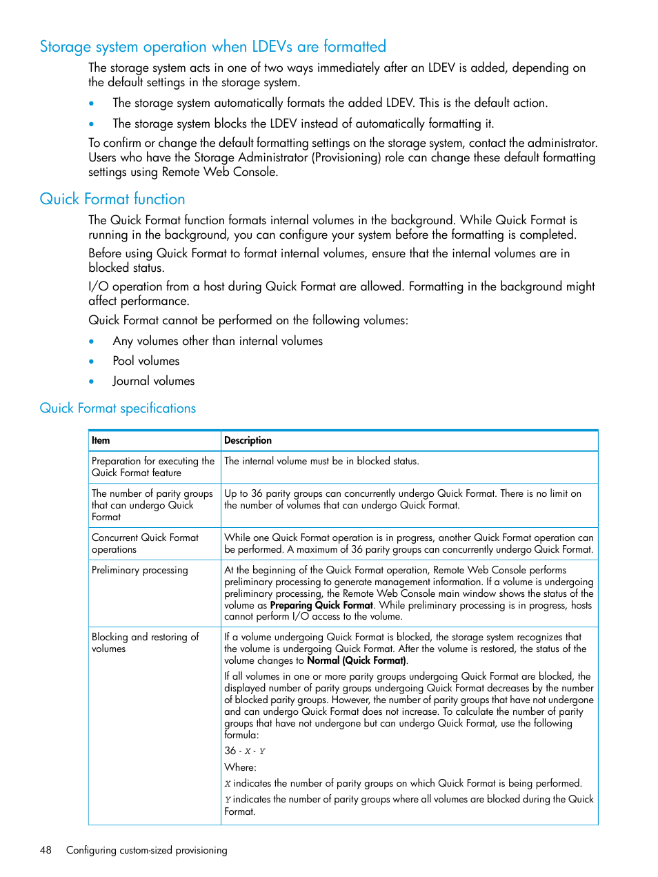 Storage system operation when ldevs are formatted, Quick format function, Quick format specifications | HP XP P9500 Storage User Manual | Page 48 / 335