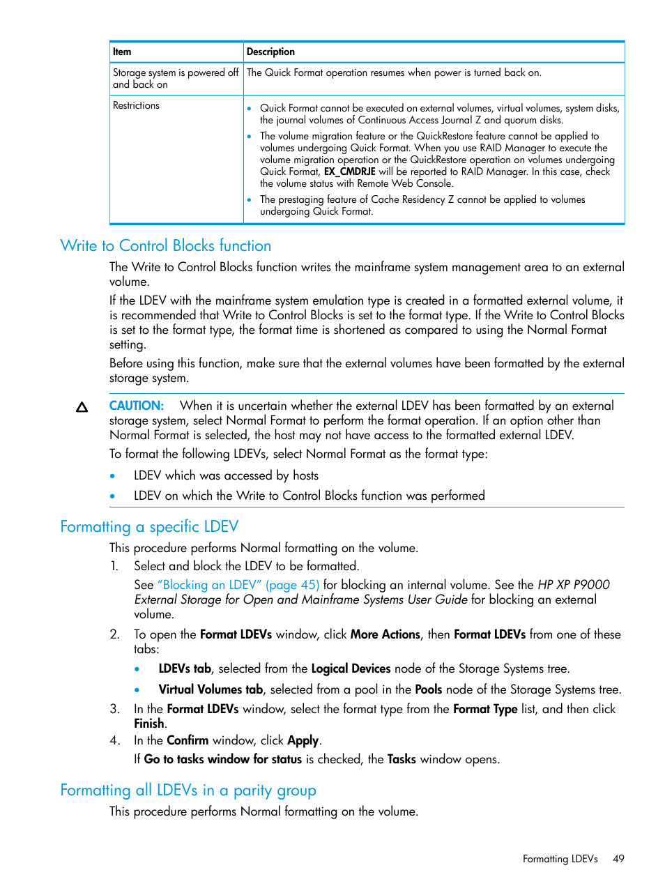 Write to control blocks function, Formatting a specific ldev, Formatting all ldevs in a parity group | HP XP P9500 Storage User Manual | Page 49 / 335