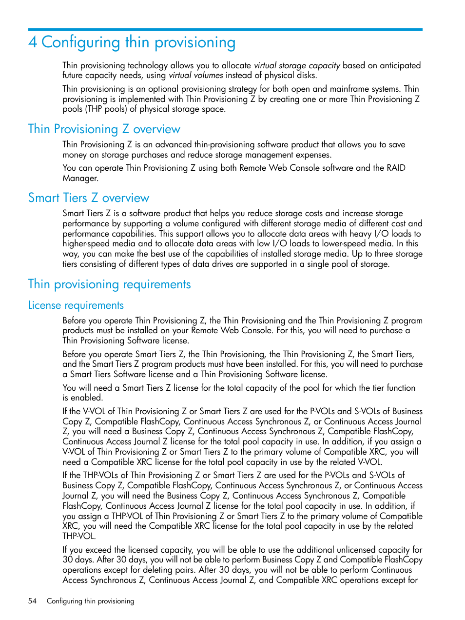 4 configuring thin provisioning, Thin provisioning z overview, Smart tiers z overview | Thin provisioning requirements, License requirements | HP XP P9500 Storage User Manual | Page 54 / 335