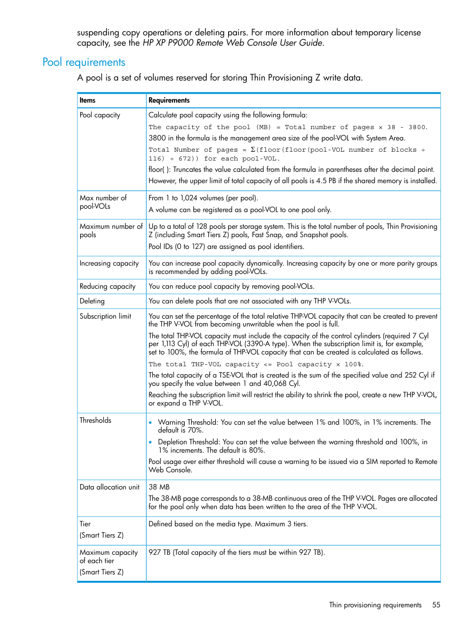 Pool requirements | HP XP P9500 Storage User Manual | Page 55 / 335