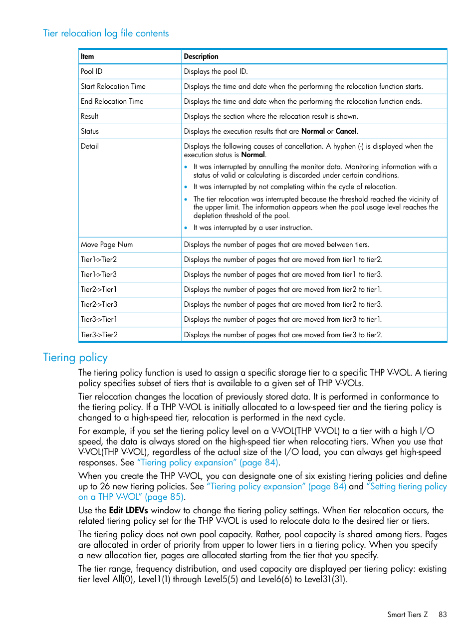 Tier relocation log file contents, Tiering policy | HP XP P9500 Storage User Manual | Page 83 / 335