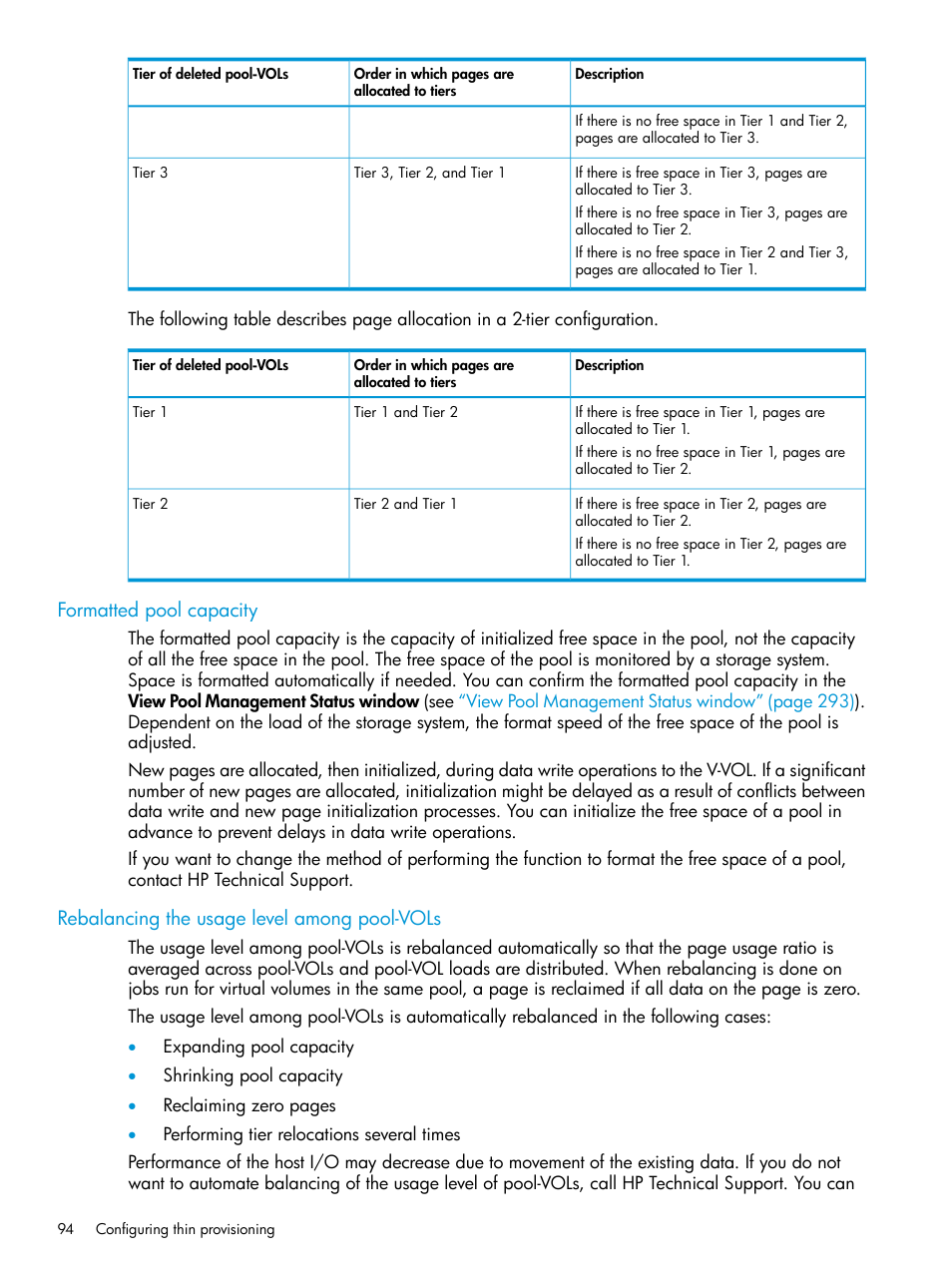 Formatted pool capacity, Rebalancing the usage level among pool-vols | HP XP P9500 Storage User Manual | Page 94 / 335