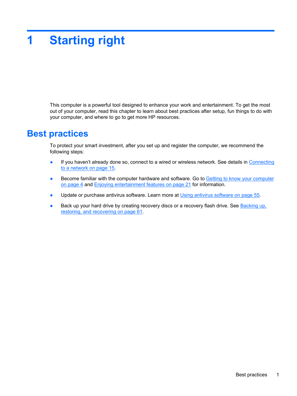 Starting right, Best practices, 1 starting right | 1starting right | HP Pavilion Sleekbook 14-b015dx User Manual | Page 11 / 85