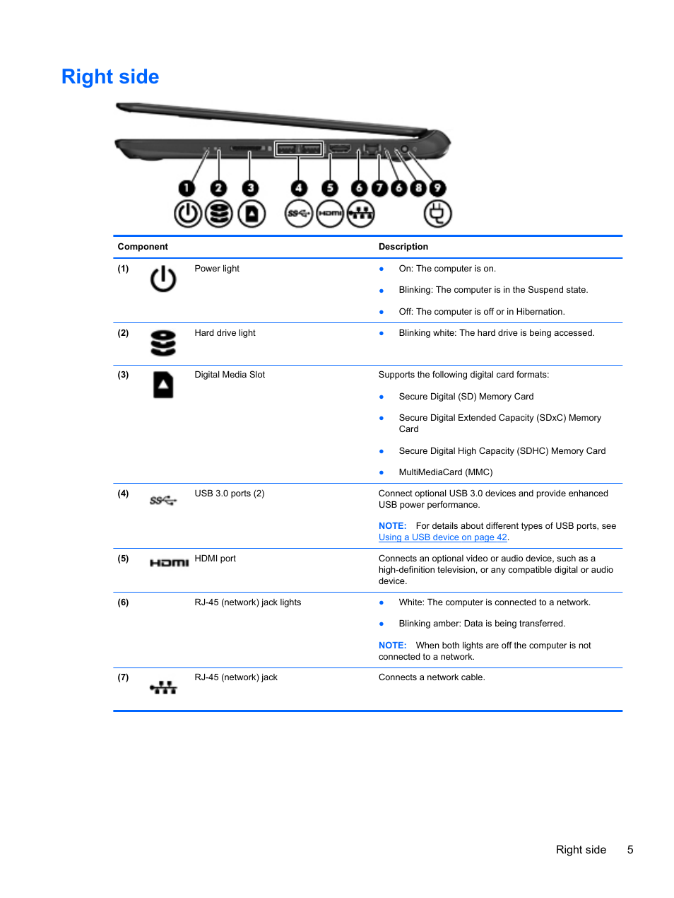 Right side, Right side 5 | HP Pavilion Sleekbook 14-b015dx User Manual | Page 15 / 85