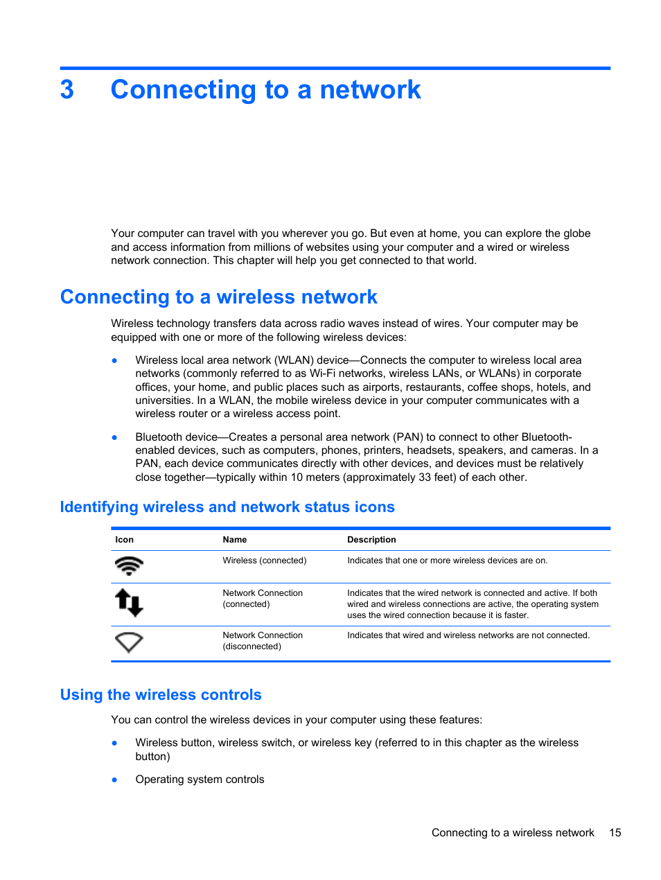 Connecting to a network, Connecting to a wireless network, Identifying wireless and network status icons | Using the wireless controls, 3 connecting to a network, Connecting, 3connecting to a network | HP Pavilion Sleekbook 14-b015dx User Manual | Page 25 / 85