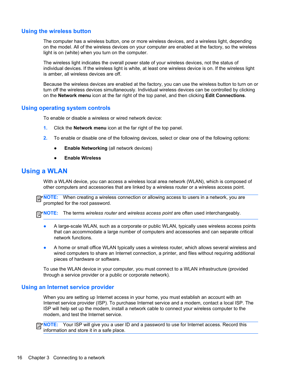 Using the wireless button, Using operating system controls, Using a wlan | Using an internet service provider | HP Pavilion Sleekbook 14-b015dx User Manual | Page 26 / 85