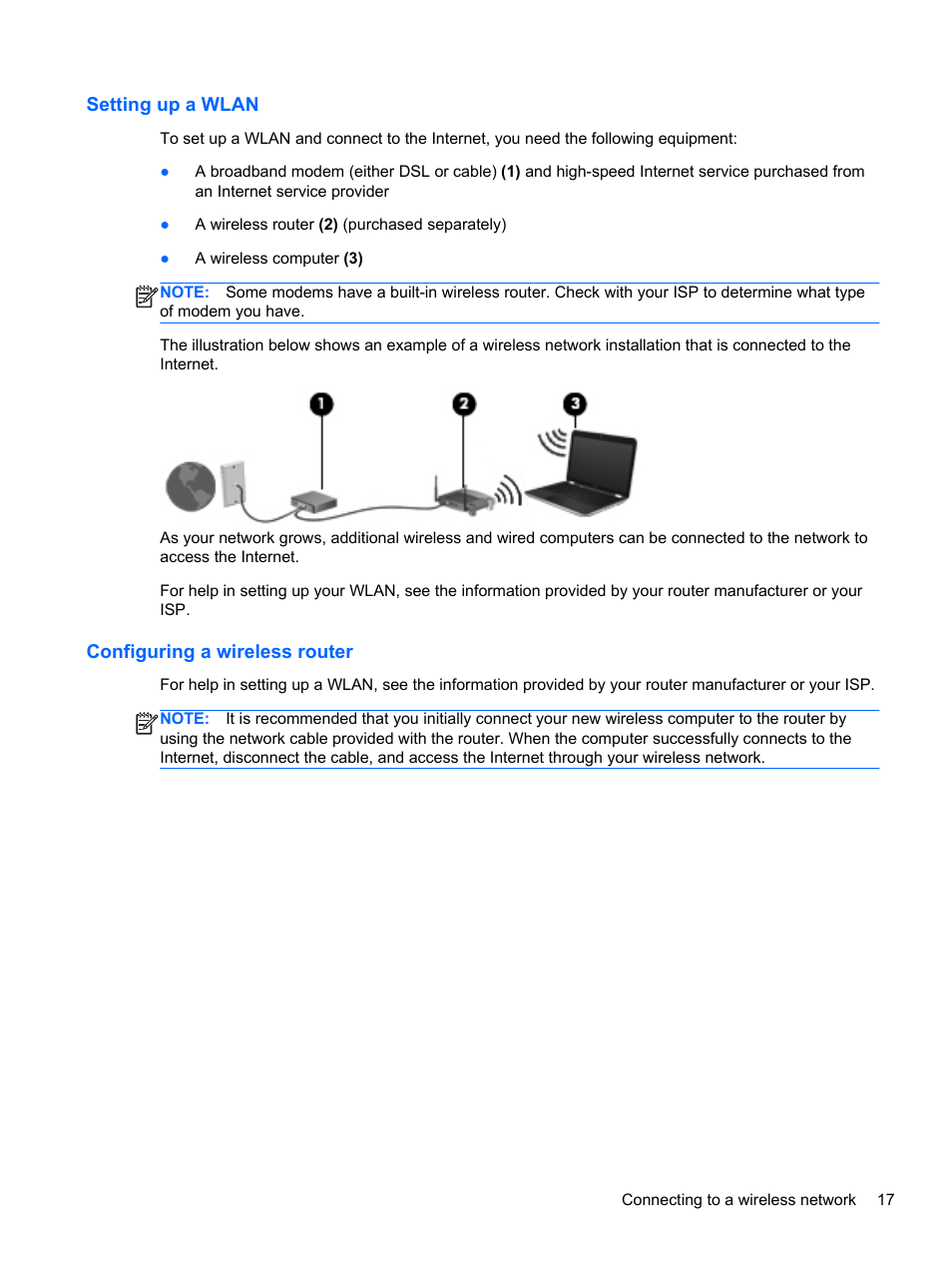 Setting up a wlan, Configuring a wireless router, Setting up a wlan configuring a wireless router | HP Pavilion Sleekbook 14-b015dx User Manual | Page 27 / 85