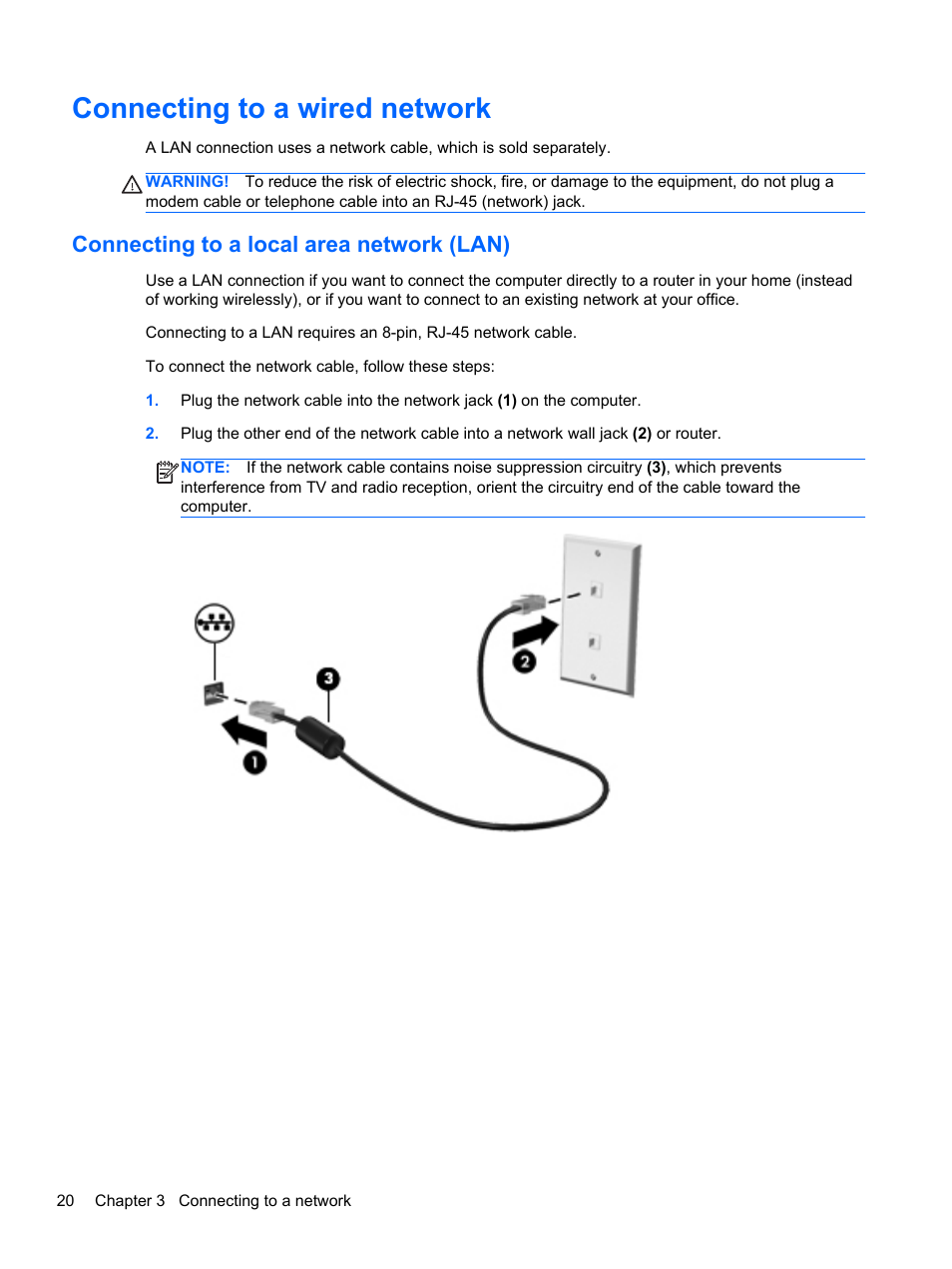 Connecting to a wired network, Connecting to a local area network (lan) | HP Pavilion Sleekbook 14-b015dx User Manual | Page 30 / 85