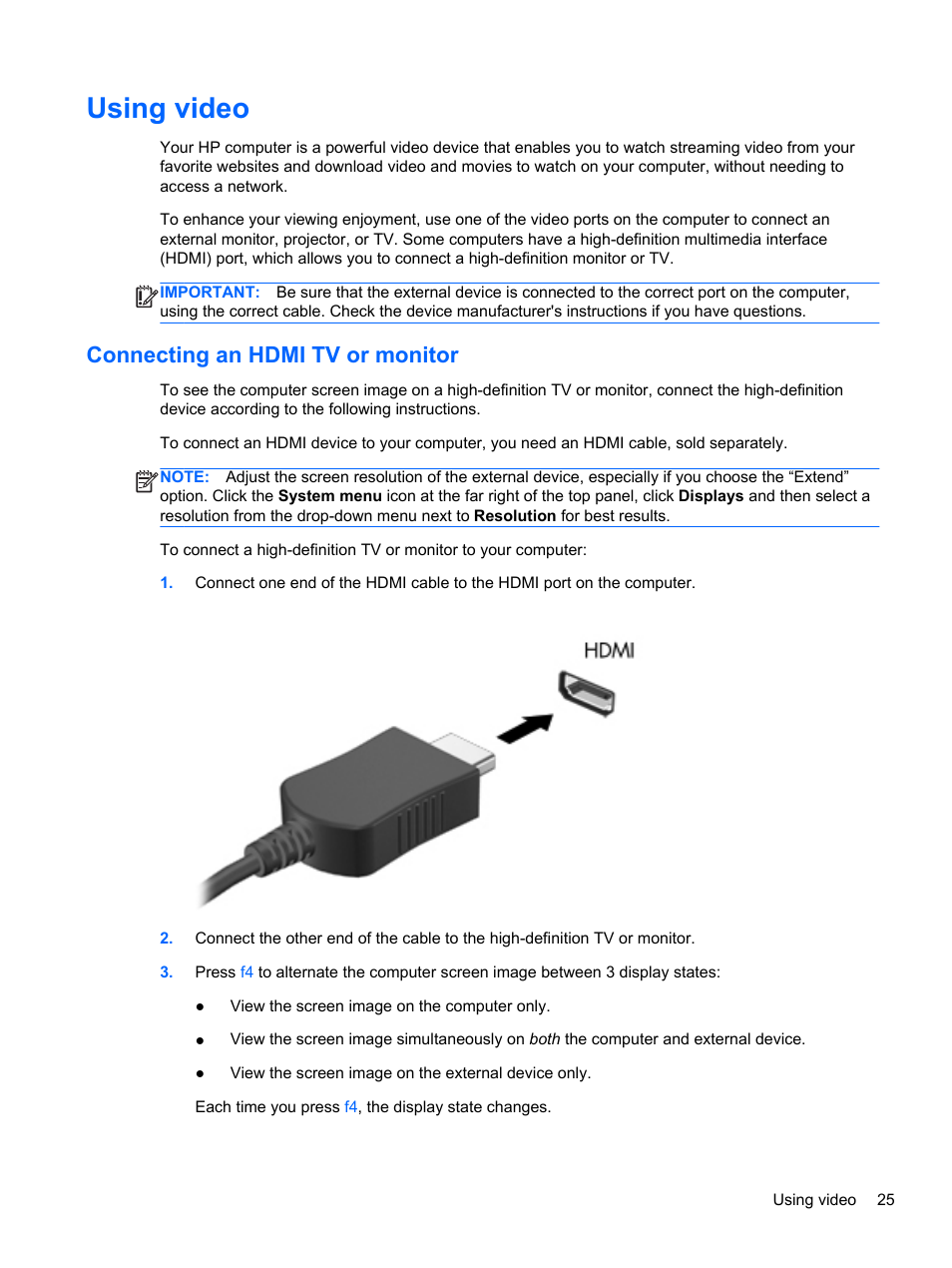 Using video, Connecting an hdmi tv or monitor | HP Pavilion Sleekbook 14-b015dx User Manual | Page 35 / 85