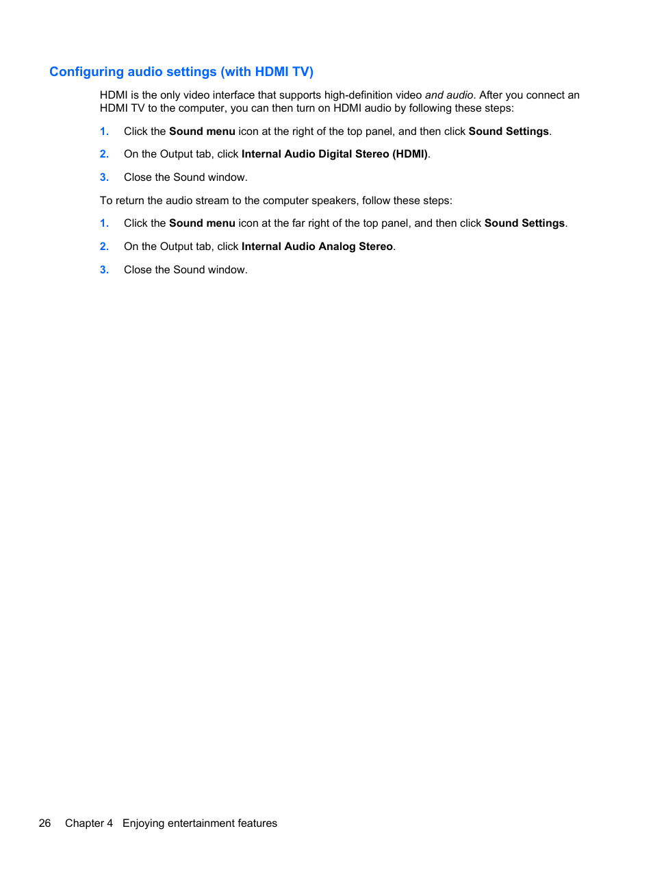 Configuring audio settings (with hdmi tv) | HP Pavilion Sleekbook 14-b015dx User Manual | Page 36 / 85