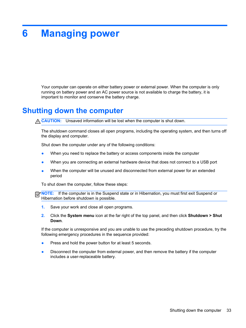 Managing power, Shutting down the computer, 6 managing power | 6managing power | HP Pavilion Sleekbook 14-b015dx User Manual | Page 43 / 85