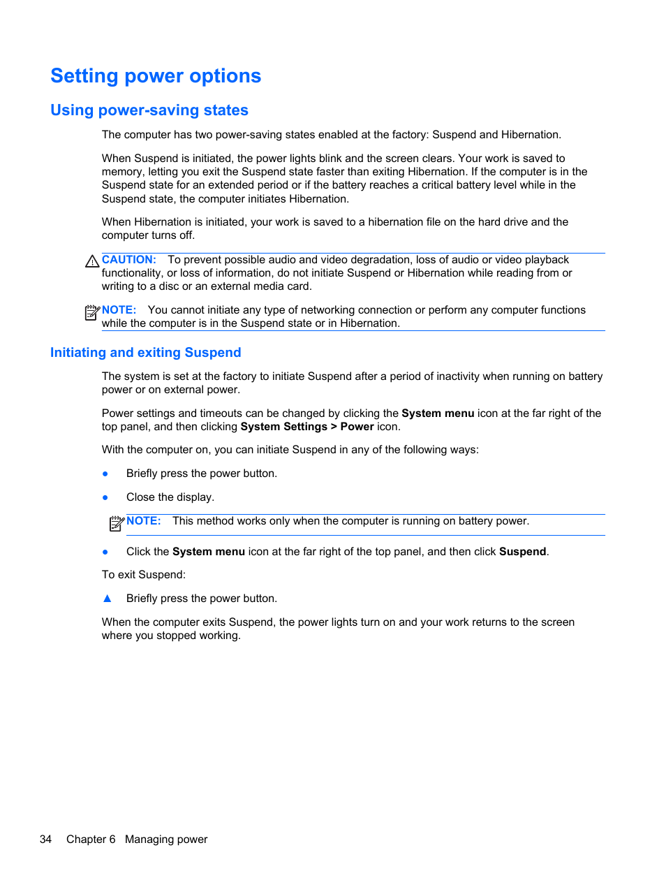 Setting power options, Using power-saving states, Initiating and exiting suspend | HP Pavilion Sleekbook 14-b015dx User Manual | Page 44 / 85
