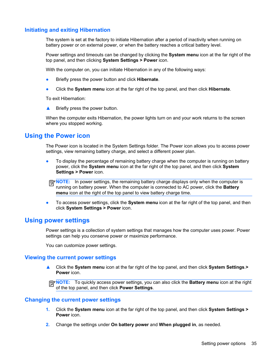 Initiating and exiting hibernation, Using the power icon, Using power settings | Viewing the current power settings, Changing the current power settings, Using the power icon using power settings | HP Pavilion Sleekbook 14-b015dx User Manual | Page 45 / 85