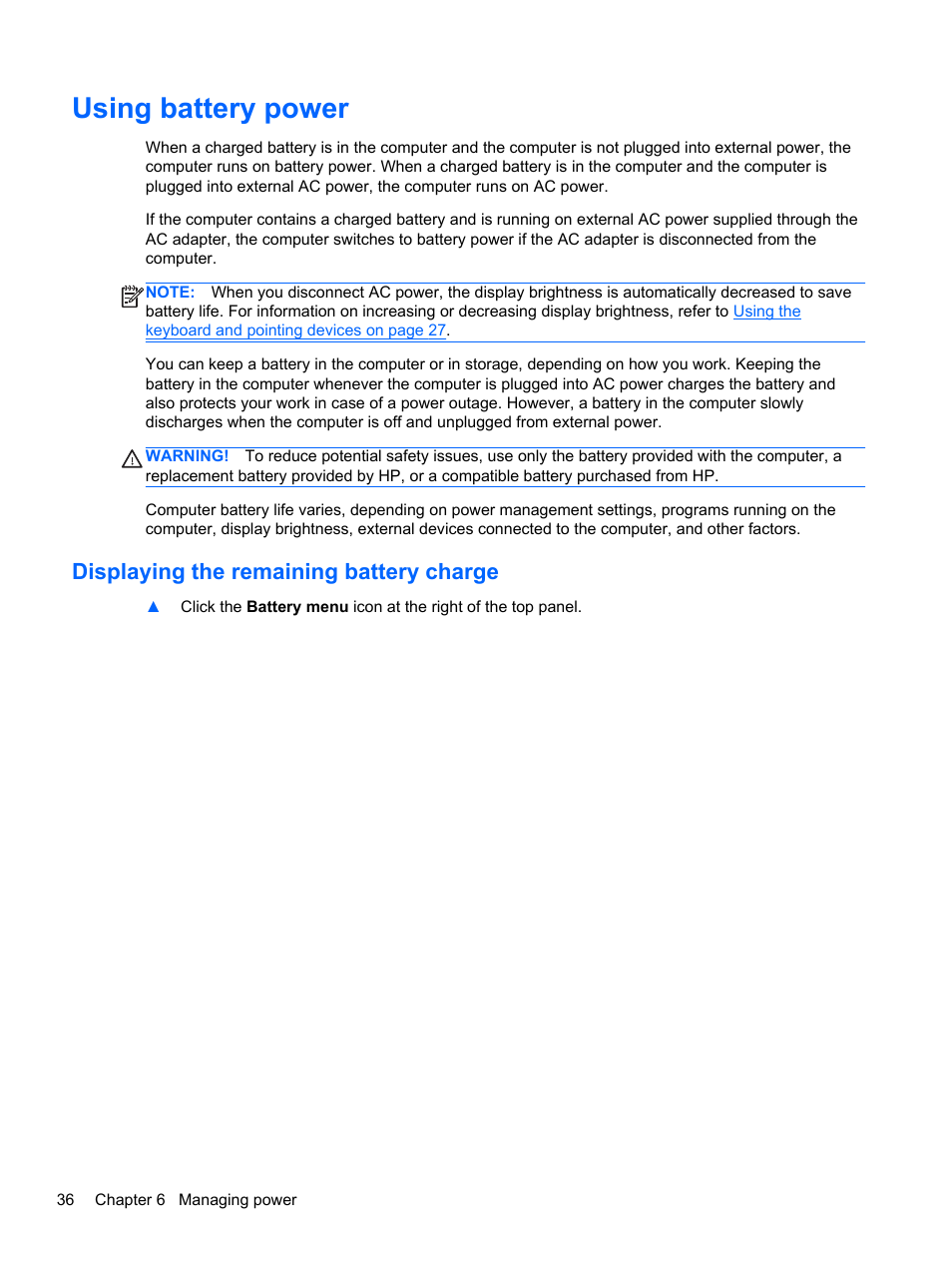 Using battery power, Displaying the remaining battery charge | HP Pavilion Sleekbook 14-b015dx User Manual | Page 46 / 85