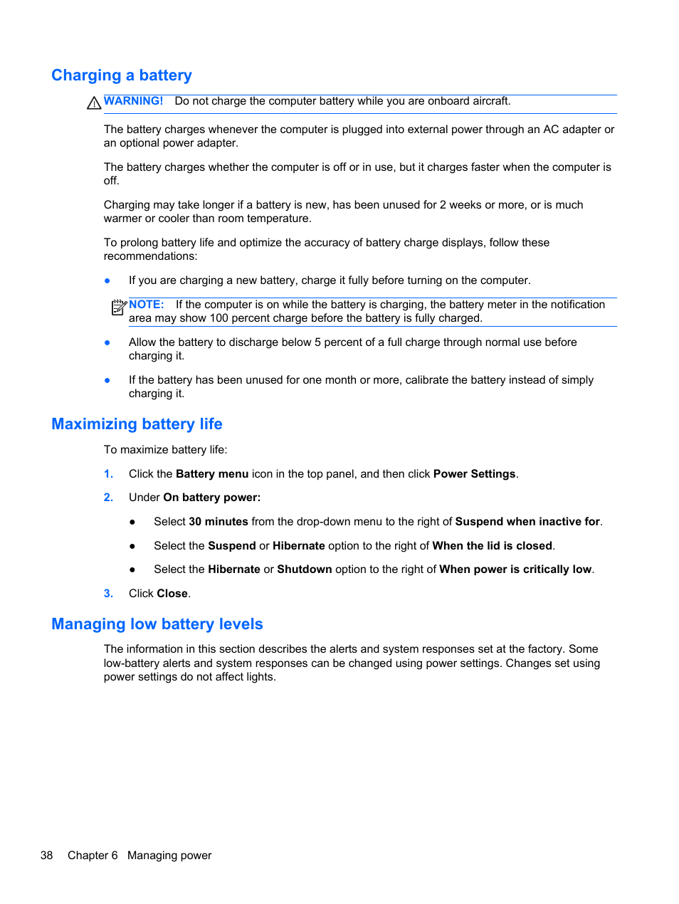 Charging a battery, Maximizing battery life, Managing low battery levels | HP Pavilion Sleekbook 14-b015dx User Manual | Page 48 / 85