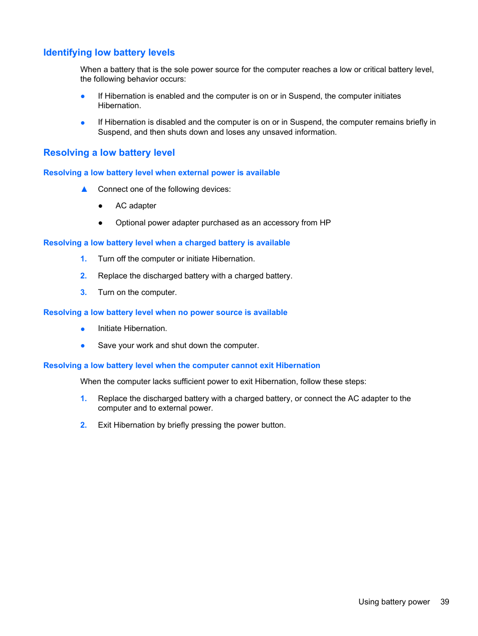 Identifying low battery levels, Resolving a low battery level | HP Pavilion Sleekbook 14-b015dx User Manual | Page 49 / 85