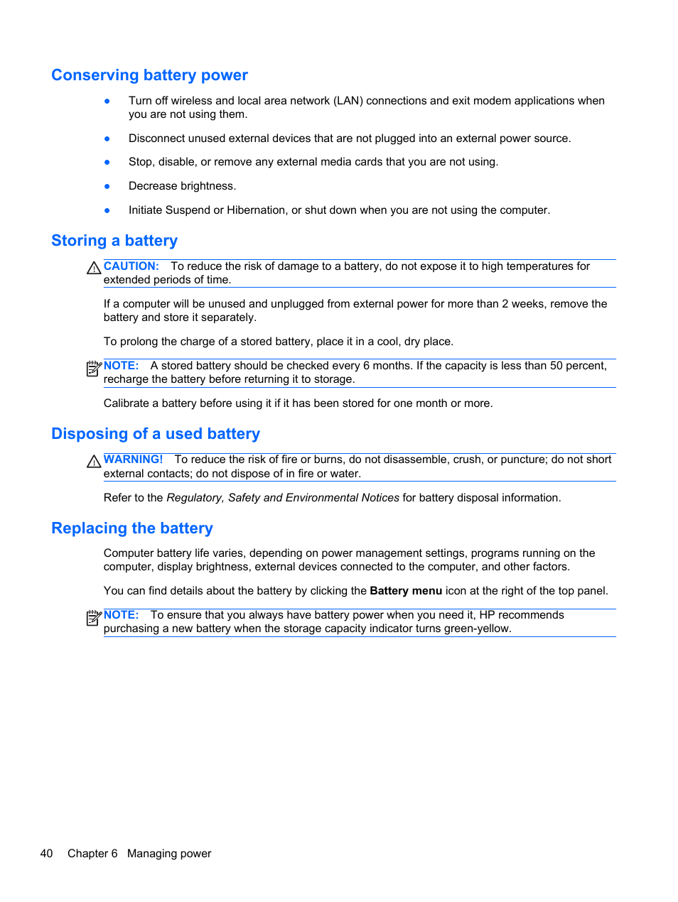 Conserving battery power, Storing a battery, Disposing of a used battery | Replacing the battery | HP Pavilion Sleekbook 14-b015dx User Manual | Page 50 / 85