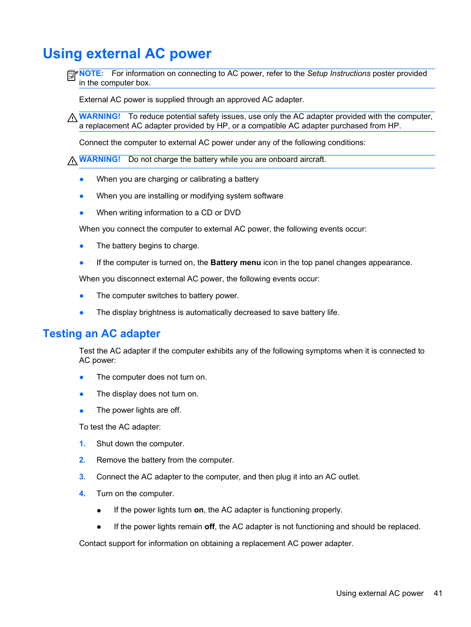 Using external ac power, Testing an ac adapter | HP Pavilion Sleekbook 14-b015dx User Manual | Page 51 / 85