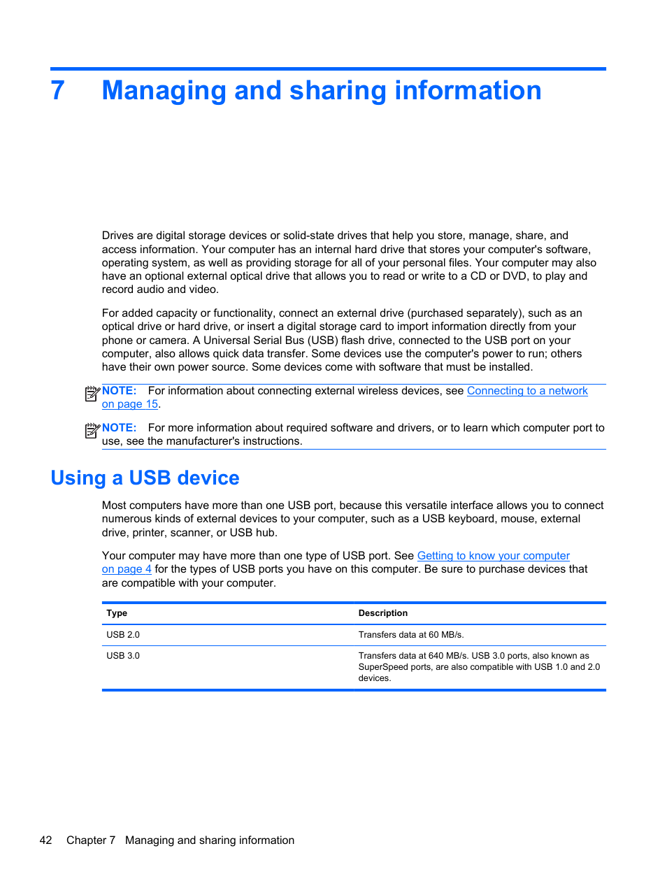 Managing and sharing information, Using a usb device, 7 managing and sharing information | 7managing and sharing information | HP Pavilion Sleekbook 14-b015dx User Manual | Page 52 / 85