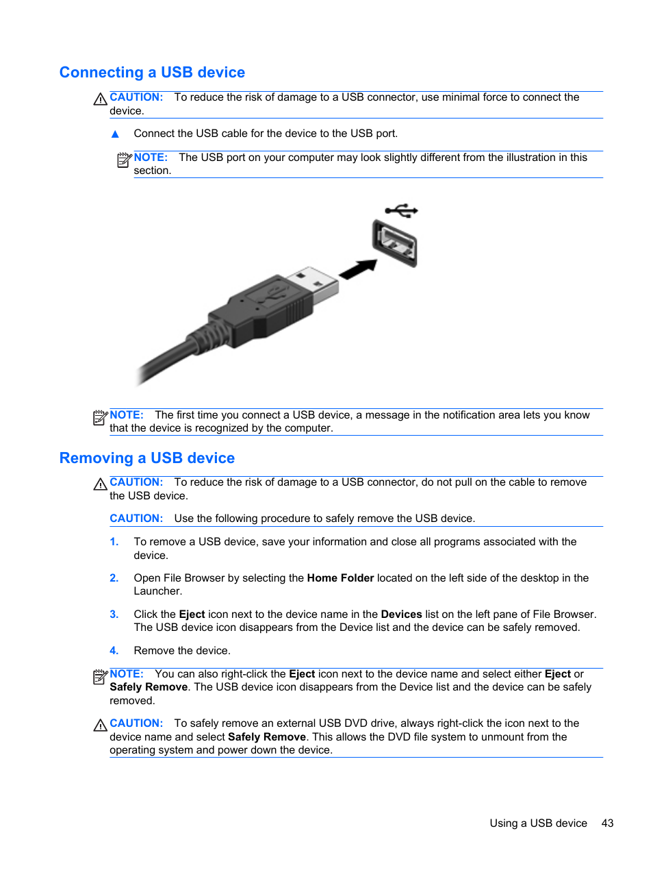 Connecting a usb device, Removing a usb device, Connecting a usb device removing a usb device | HP Pavilion Sleekbook 14-b015dx User Manual | Page 53 / 85