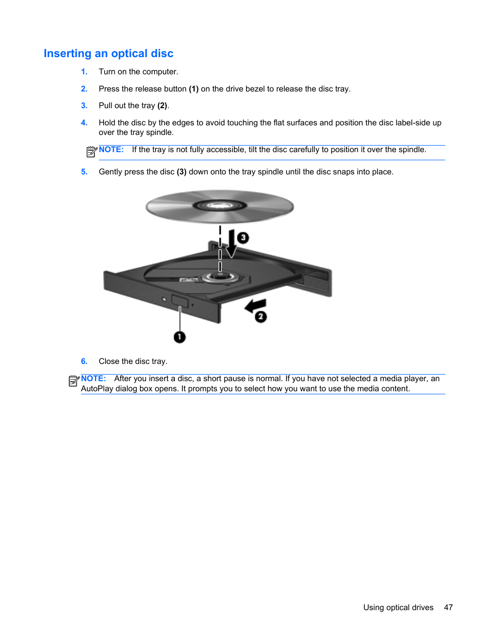 Inserting an optical disc | HP Pavilion Sleekbook 14-b015dx User Manual | Page 57 / 85