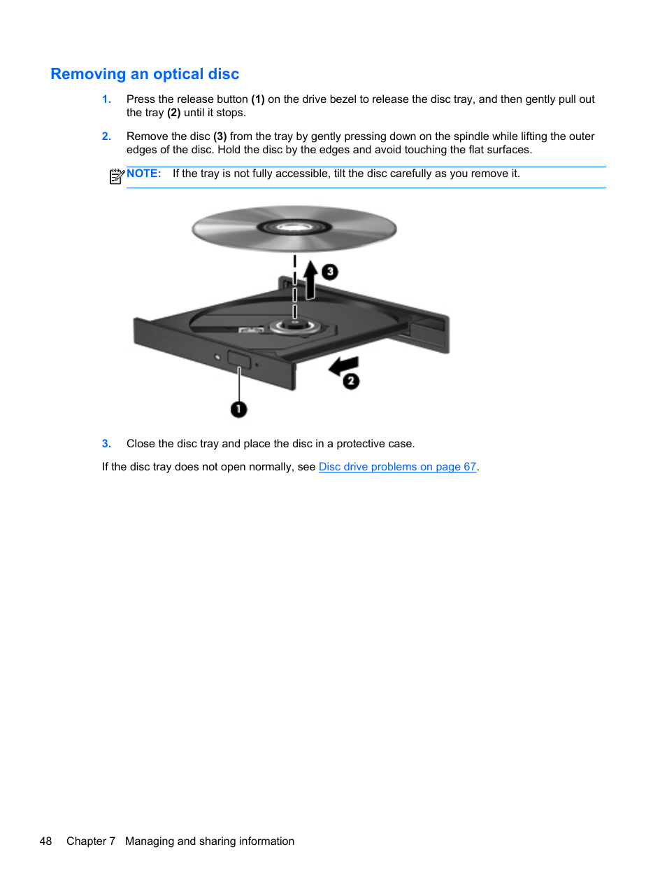 Removing an optical disc | HP Pavilion Sleekbook 14-b015dx User Manual | Page 58 / 85