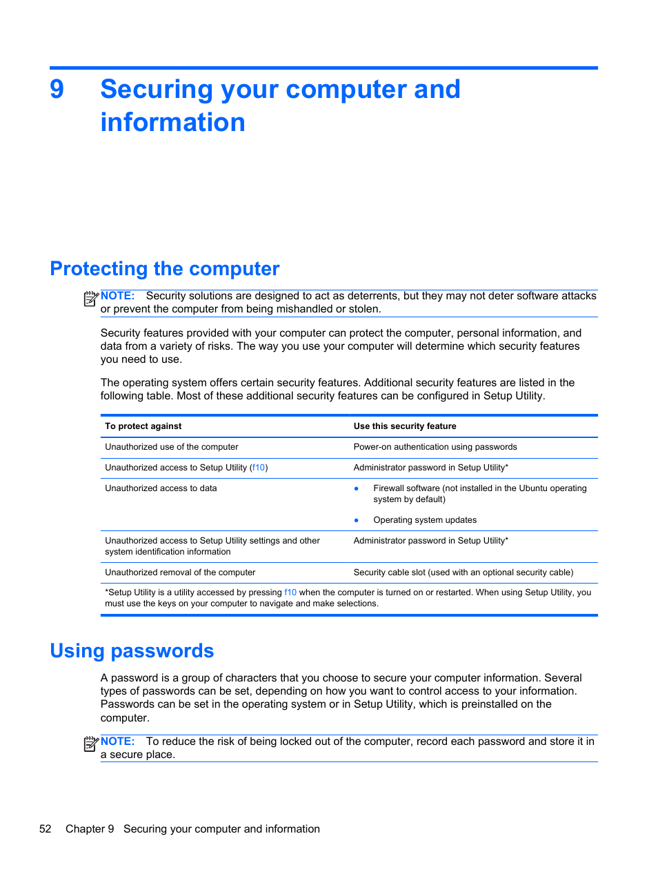 Securing your computer and information, Protecting the computer, Using passwords | 9 securing your computer and information, Protecting the computer using passwords, 9securing your computer and information | HP Pavilion Sleekbook 14-b015dx User Manual | Page 62 / 85