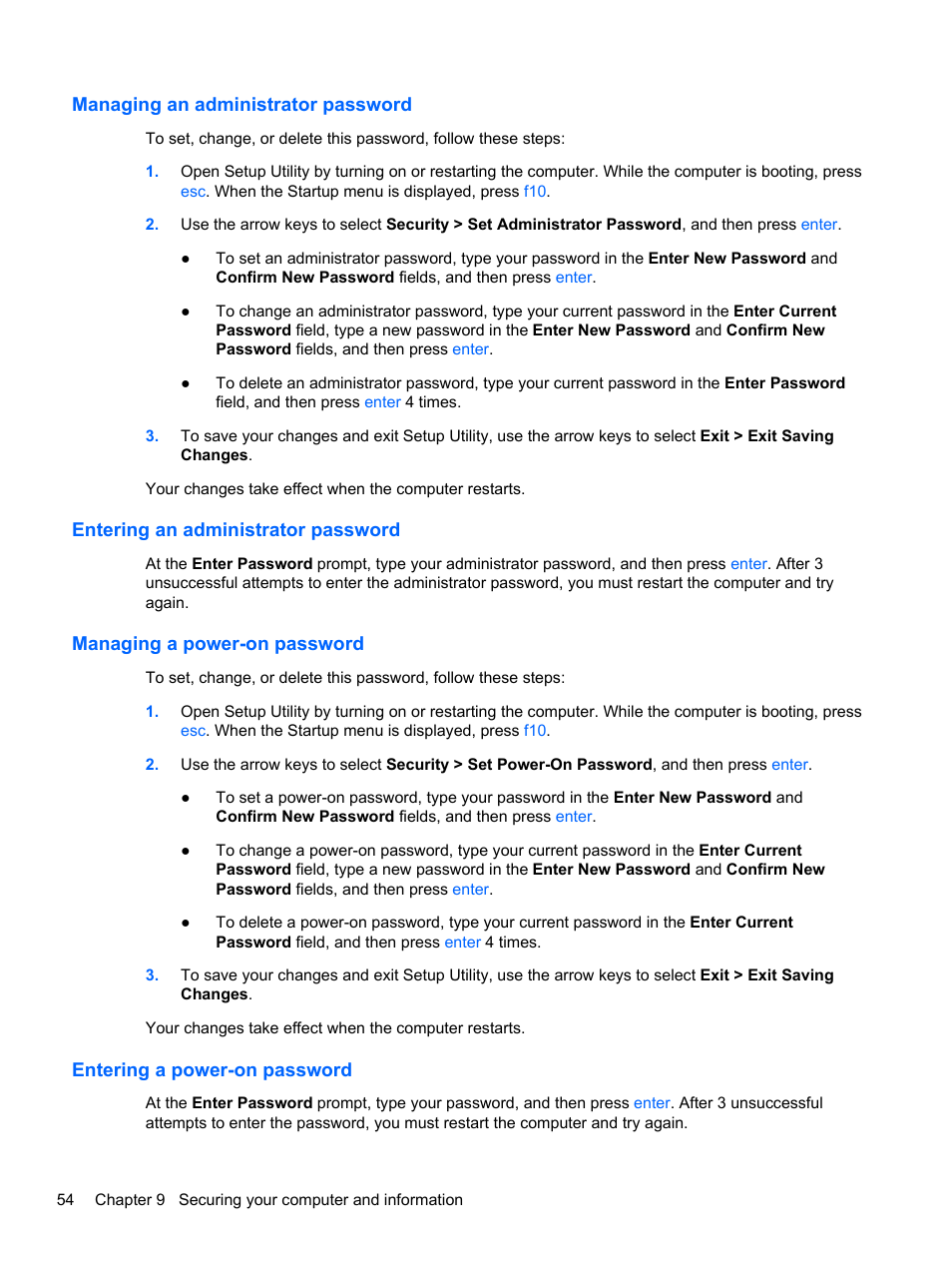 Managing an administrator password, Entering an administrator password, Managing a power-on password | Entering a power-on password | HP Pavilion Sleekbook 14-b015dx User Manual | Page 64 / 85